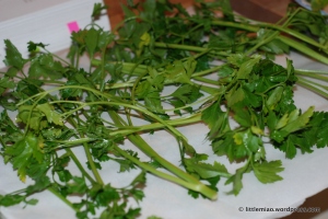 I didn't have enough baking sheets so my parsley was rather crowded. Removing the stems would have helped. and possibly drying the stems separately, because they shouldn't be wasted.